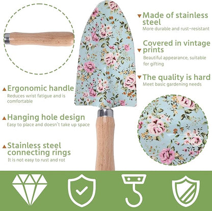 WNJ Gardening Tool Set, 10 PCS Heavy Duty Floral Pattern Garden Tools Set Kit, Complete Gardening Tool Bag Set, with Non-Slip Rubber Handle, Best Gifts for Women