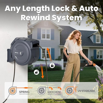 Giraffe Tools AW30 Retractable Garden Hose Reel 5/8inch x 62ft Hose Reels for Outside, with 9- Function Sprayer Nozzle, Any Length Lock/Slow Return System/Wall Mounted/180°Swivel Bracket