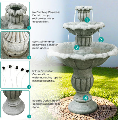 SunJet 39.3” High Modern Concrete Outdoor Water Fountain - 3 Tiered Large Floor Water Fountain and Waterfalls with Electric Pump for Garden, Patio, Yard, and Deck Decor, Featuring Natural Stone Look
