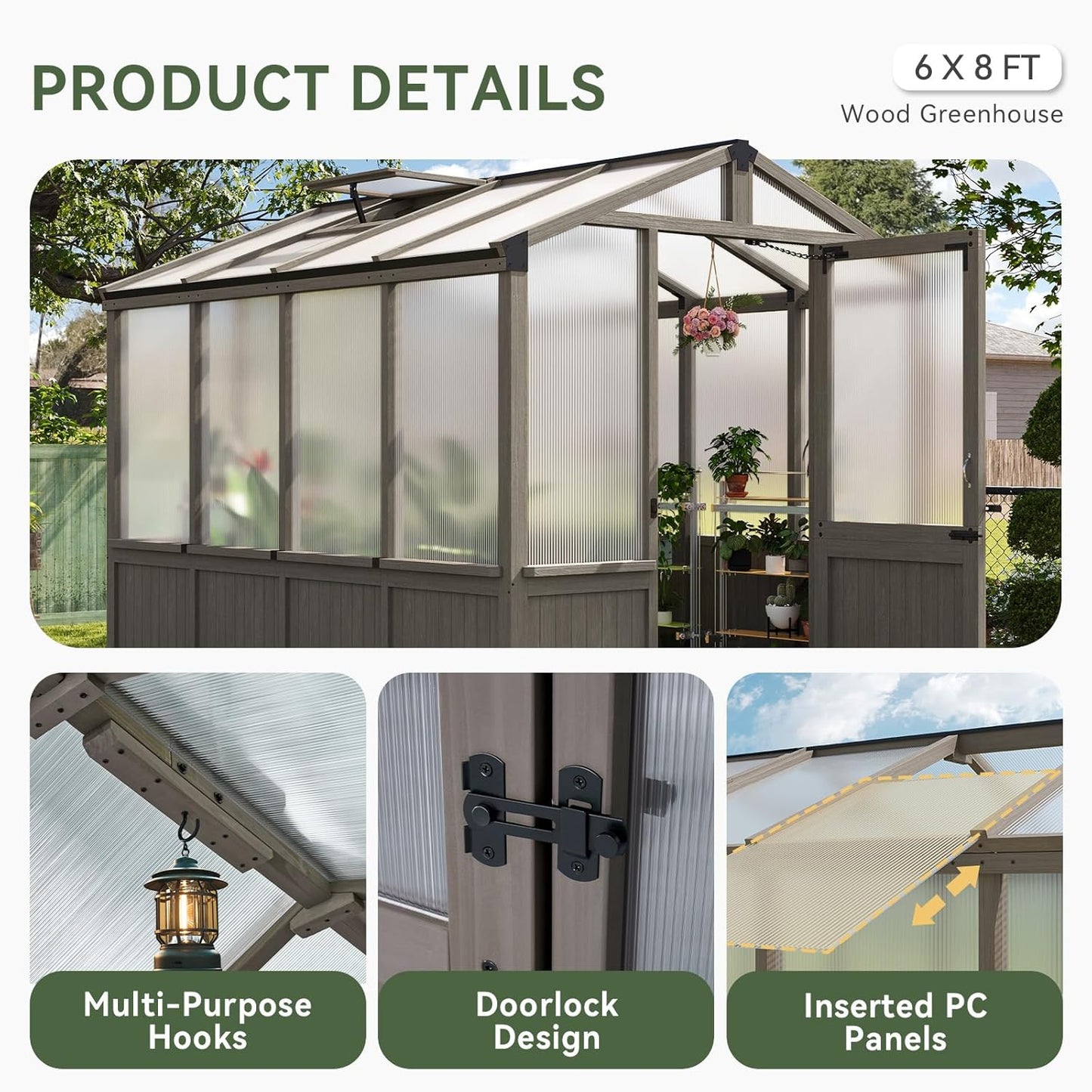 Aoxun 6x8 FT Walk-in Wooden Greenhouse,Solid Cedar Frame,Polycarbonate Panels, Automatically Temperature Control Roof Vent and Lockable Door,for Outdoor, Garden, Backyard,Patio, Lawn, Gray