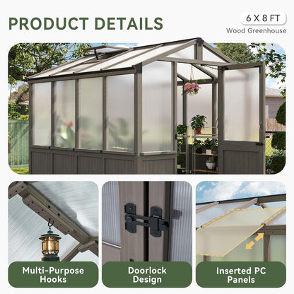 Aoxun 6x8 FT Walk-in Wooden Greenhouse,Solid Cedar Frame,Polycarbonate Panels, Automatically Temperature Control Roof Vent and Lockable Door,for Outdoor, Garden, Backyard,Patio, Lawn, Gray