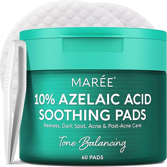 MAREE Azelaic Acid Toner Pads – Exfoliating Pads with Glycolic & Hyaluronic Acid for Face – 10% Azalecic Acid & Centella Redness Soothing Pad – Zero Pore Facial Acne Care Toning Pad – Acido Azelaico