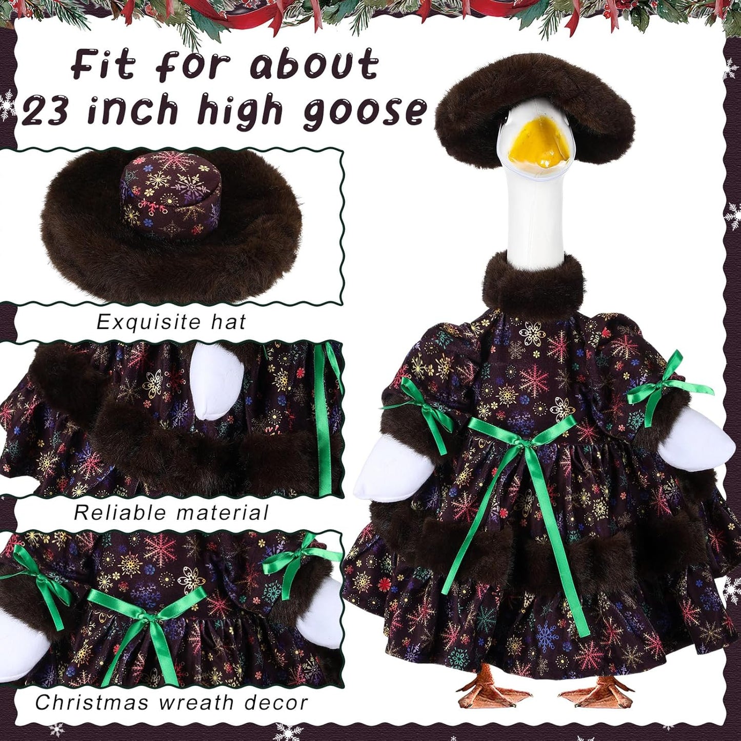 Suzile Christmas Porch Goose Outfit Winter Costume for 23" High Cement or Plastic Goose Clothes for Yard Lawn Outdoor Garden Patio Concrete Duck Statue for Winter Snowflake Xmas Dress Holiday Decor