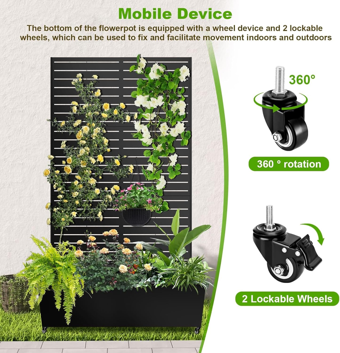 Metal Planter Box with Trellis, 72"x47"x16" Metal Raised Garden Bed with Trellis, Trellis Planter Box with Drainage Holes & Lockable Casters for Climbing Plants, Vegetables, and Vines