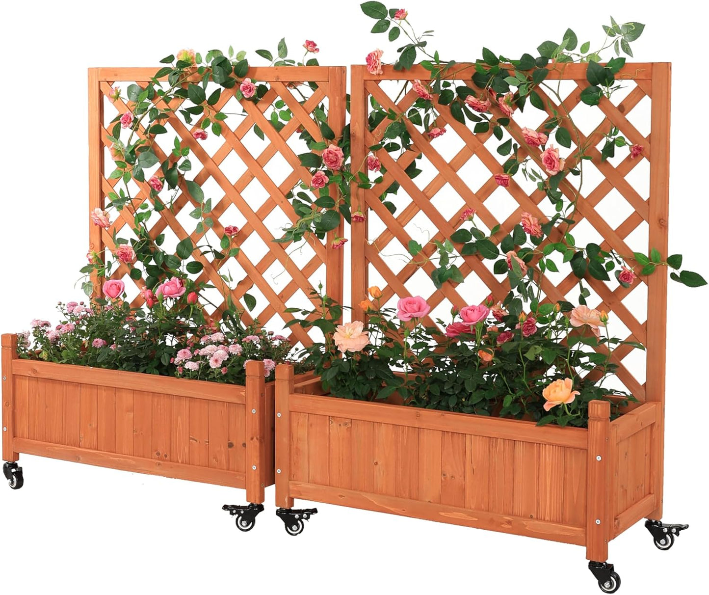 2 Pcs Wooden Planter Boxes with Trellis: Four Universal Wheels for Easy Mobility, 37.6" H x 27.5" W x 13" D,Perfect for Outdoor Climbing Plants on Patios, Balconies & Gardens