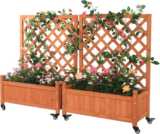 2 Pcs Wooden Planter Boxes with Trellis: Four Universal Wheels for Easy Mobility, 37.6" H x 27.5" W x 13" D,Perfect for Outdoor Climbing Plants on Patios, Balconies & Gardens
