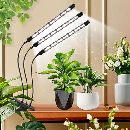 3 Head Grow Lights for Seed Starting, 6000K Full Spectrum for Indoor Plants, 6/12/18H Auto Timer, 5 Dimmable Levels, Clip-on Desk Lamp for Growing (2 Pack)