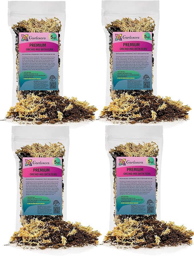 Gardenera Premium Orchid Mix by GARDENERA - 20 Quart - Fern + New Zealand Pine Bark + Sphagnum Moss + Perlite | Best for Growing and Repotting Orchids (4 Bags of 5 QT)
