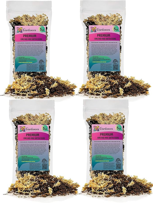 Gardenera Premium Orchid Mix by GARDENERA - 20 Quart - Fern + New Zealand Pine Bark + Sphagnum Moss + Perlite | Best for Growing and Repotting Orchids (4 Bags of 5 QT)
