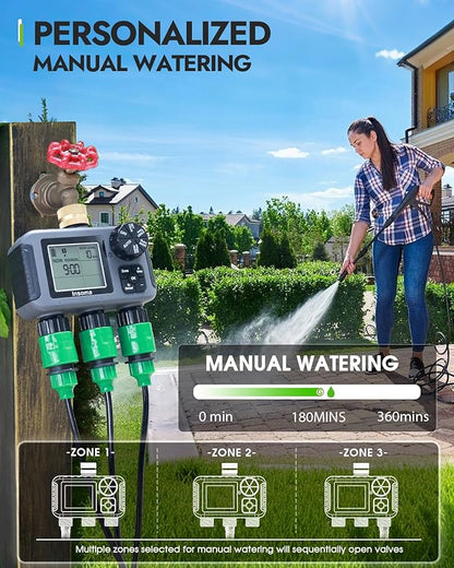 Insoma 3-Zone Sprinkler Timer with Brass Inlet + IPX5 Waterproof | Programmable Auto/Manual Irrigation Mode with Rain Delay & Large LCD | Water Hose Timer 3 Outlets for Garden, Lawn, Yard, Pool