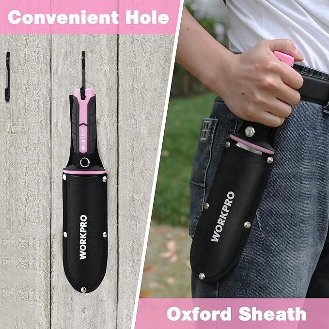 WORKPRO Hori Hori Garden Knife, 7" Stainless Steel Blade with Cutting Edge, Garden Tools with Oxford Sheath, Ergonomic TRP Handle with Hanging Hole for Weeding, Planting, Digging, Pink Ribbon