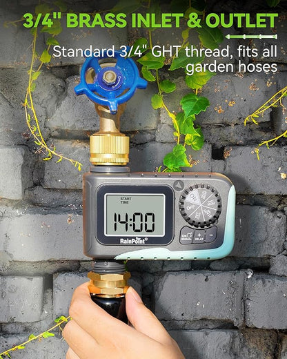 RAINPOINT Sprinkler Timer with Brass Swivel, Programmable Water Timer for Garden Hose with Rain Delay/Manual Watering, Digital Irrigation System Kit for Lawns, 1 Outlet