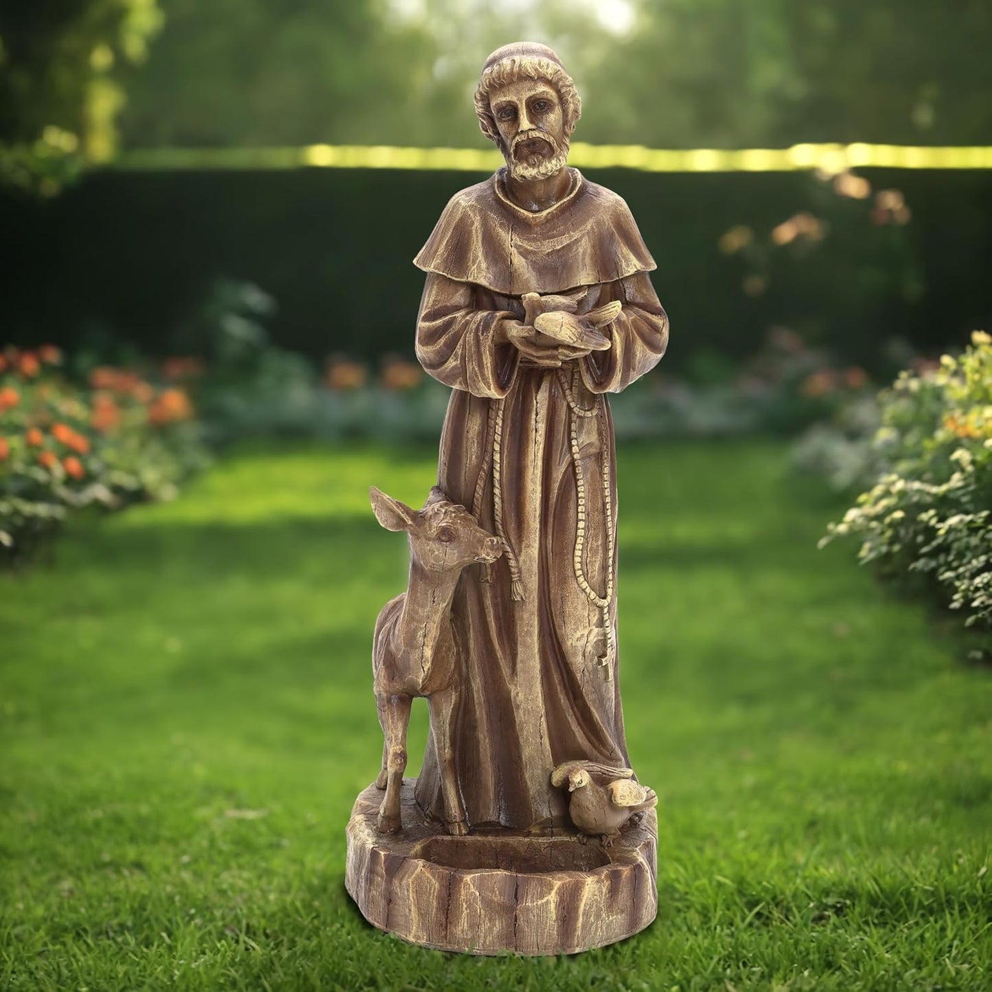 LuxenHome 25'' Saint Francis Garden Statue, Religious Garden Sculpture, Catholic St. Francis Statue for Patio, Yard, Home, Fiber Stone Decor, Outdoor Sculptures Decorations, Brown