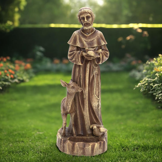 LuxenHome 25'' Saint Francis Garden Statue, Religious Garden Sculpture, Catholic St. Francis Statue for Patio, Yard, Home, Fiber Stone Decor, Outdoor Sculptures Decorations, Brown