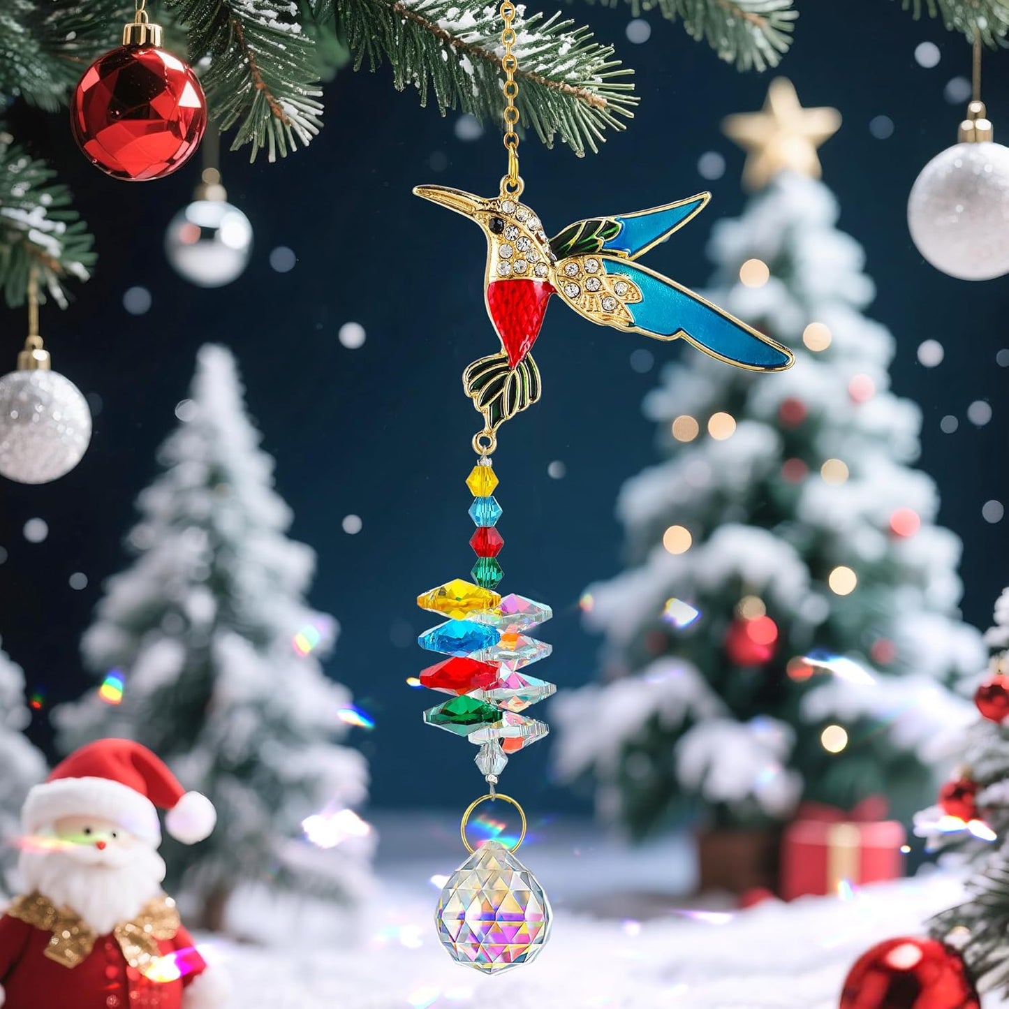 H&D HYALINE & DORA Sparkling Rhinestones Hummingbird Sun Catcher with Crystal Hanging Ornament Rainbow Prisms for Windows Home Garden Party Decor