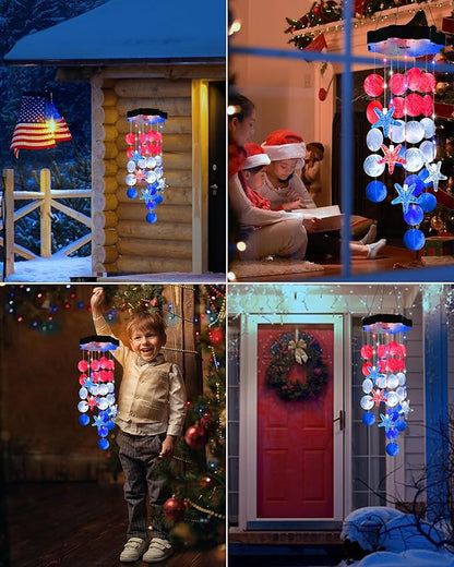 Toodour Solar Decorative Lights Outdoor, Red White Blue Shells Wind Chimes for Garden Porch Yard Window Decor, Gifts for Mom Grandma Women Wife Girls