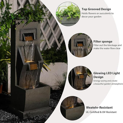 35" H 3-Tier Indoor/Outdoor Modern Water Fountain with LED Lights and Pump, Outdoor Freestanding Cascading Waterfall - Suitable for Garden, Patio, Porch, Yard and Outdoor Decor (Brown)