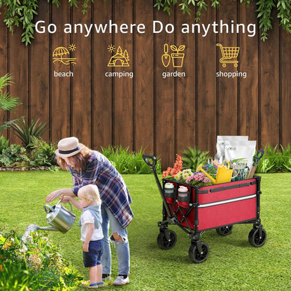 Collapsible Wagon Cart with Wheels Foldable - Folding Utility Heavy Duty Wagons Carts for Grocery Sports Garden Shopping Camping Wheelbarrows, Burgundy