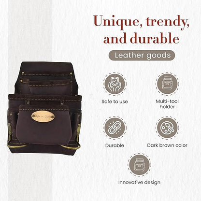 Style n Craft 10-Pocket Carpenter’s Nail & Tool Pouch, Heavy-Duty Leather Tool Pouch, Perfect and Durable Oiled Full-Grain Leather Pouch, Dark Brown (#90923)