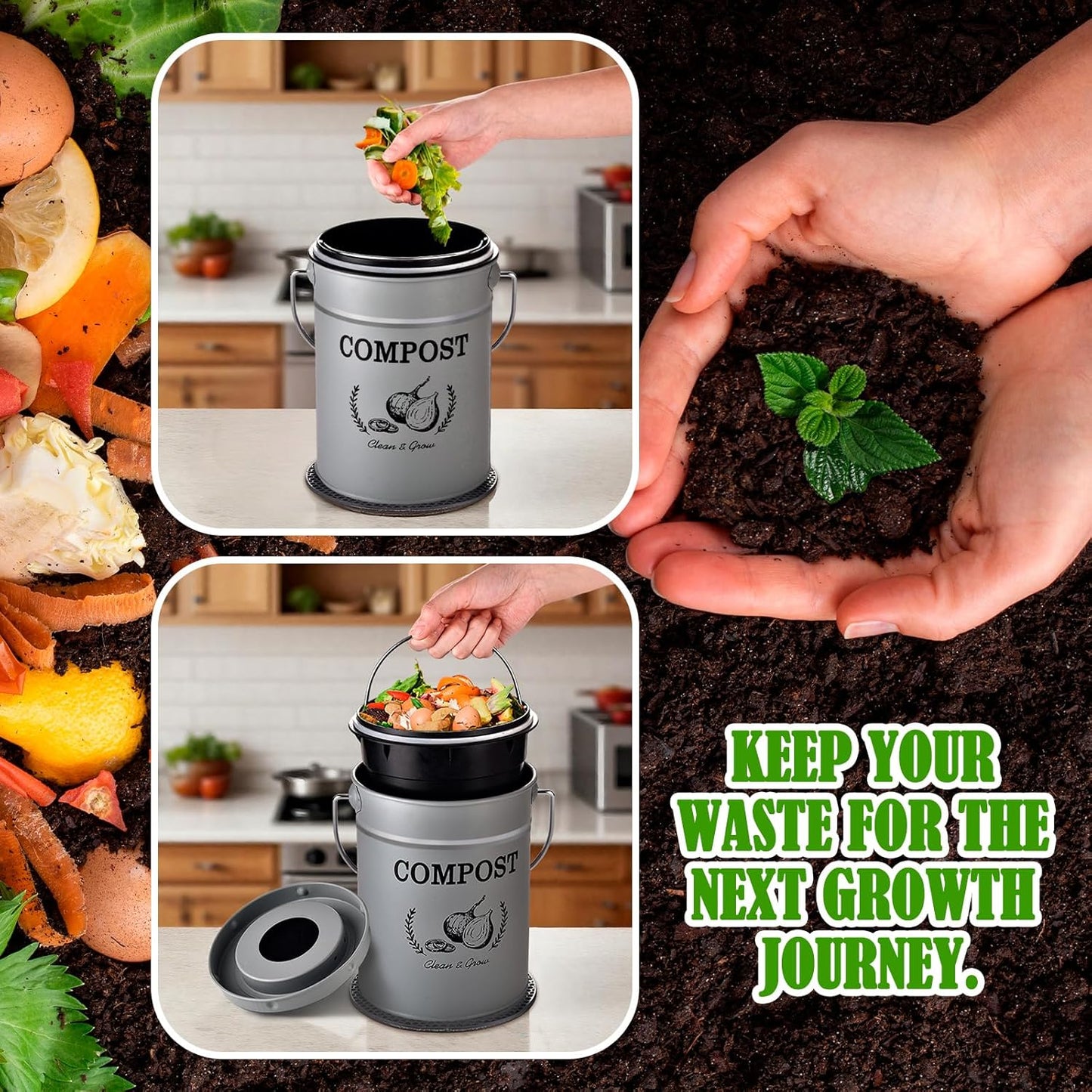 AOSION Countertop Compost Bin Kitchen,Odorless Indoor Compost Bin with Lid and Compost Bags,Compost Bucket Composter Container for Food Waste,Grey