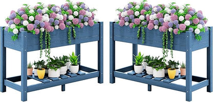 SERWALL Raised Garden Bed Set of 2, HDPE Raised Bed for Gardening All Weather Use- Blue