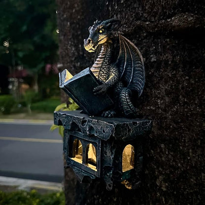 Garden Dragon Statue Tree Hugger Solar Powered Outdoor Figurine Wall Hanging Decor Cute and Reading Magic Book Resin Sculpture Home Decoration Porch Patio Lawn Farm Yard Housewarming Ornament Gift