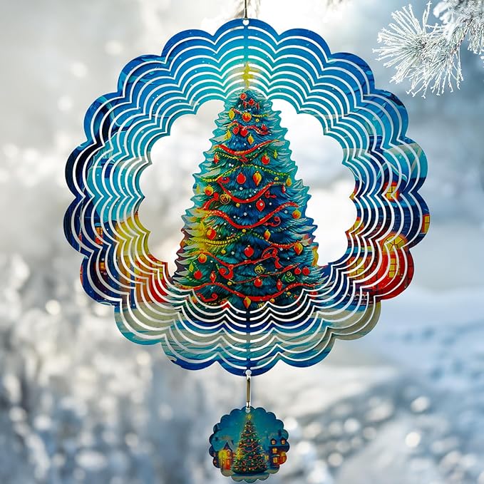 3D Christmas Tree Wind Spinners for Yard and Garden Christmas Decor 12 Inch Outdoor Metal Hanging Stainless Steel Wind Spinner Unique Gift Xmas Wind Sculptures