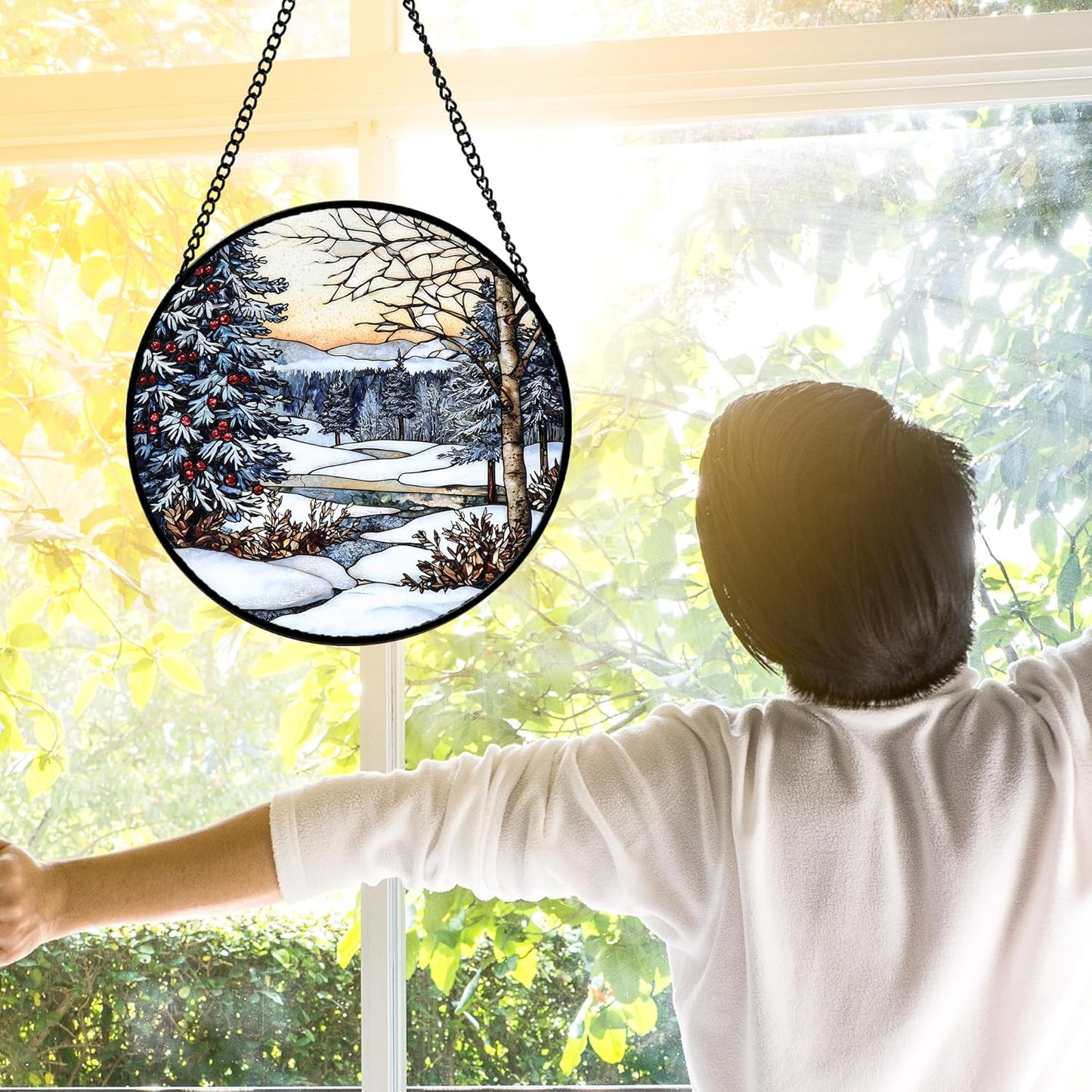 Stained Glass Window Hanging, Winter Snow Landscape Suncatcher Diamond Glass Panel Sun Catchers Decor for Birthday for Women, Men, Wife, Aunt, and Mom 11.8 in