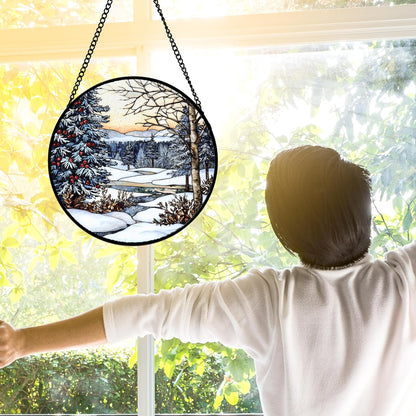 Stained Glass Window Hanging, Winter Snow Landscape Suncatcher Diamond Glass Panel Sun Catchers Decor for Birthday for Women, Men, Wife, Aunt, and Mom 11.8 in