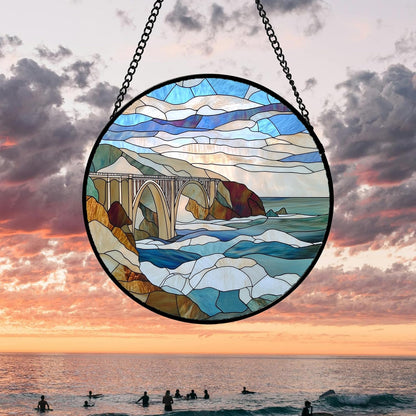 Stained Glass Window Hanging 4 Pcs Set Ocean Waves Large 15" - Blue and White Sea Suncatcher Door Garden Sun Catcher Decor Birthday Christmas for Mom Woman Nana Men