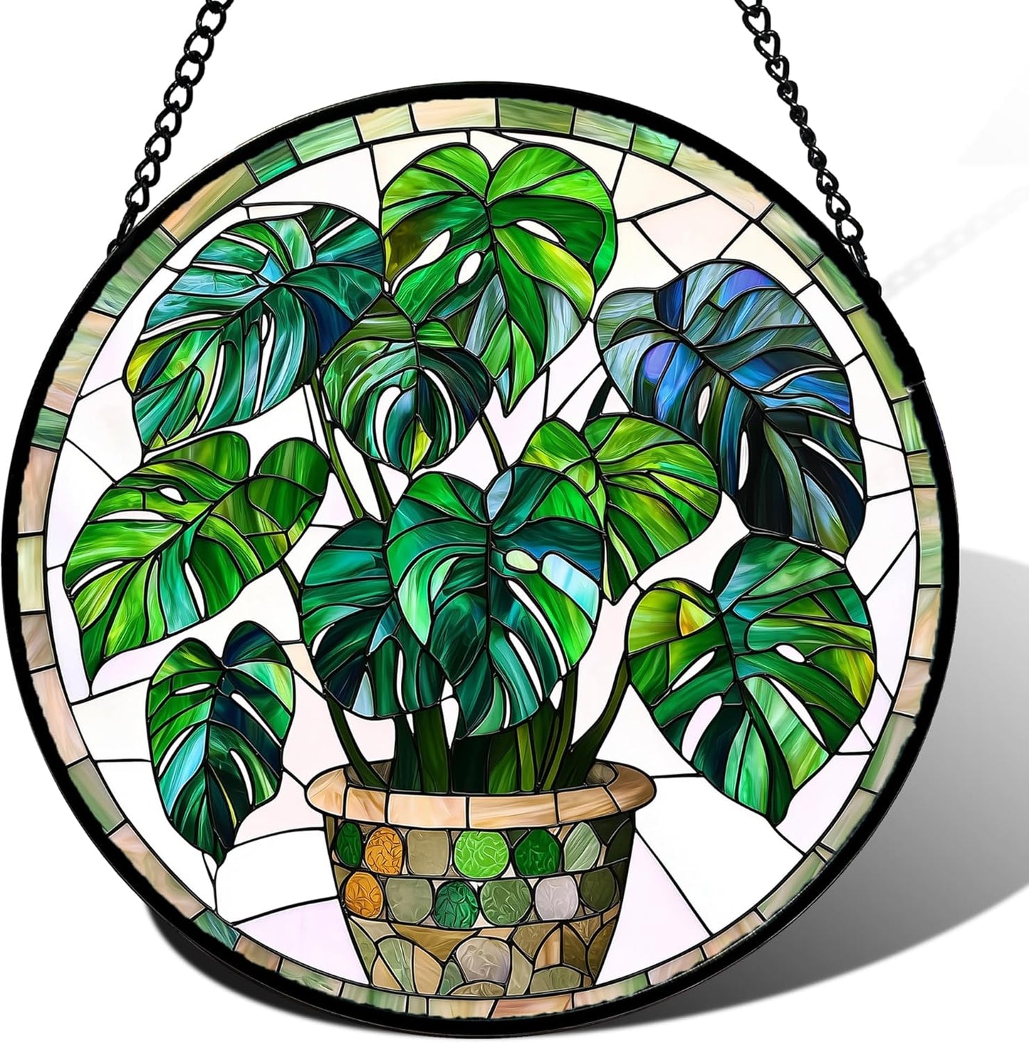 Stained Glass Window Hanging, Green Plant Monstera t Suncatcher Diamond Colorful Glass Panel Sun Catchers Decor for Birthday for Women, Men, Wife, Aunt, and Mom 14.9x14.9 in