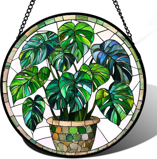 Stained Glass Window Hanging, Green Plant Monstera t Suncatcher Diamond Colorful Glass Panel Sun Catchers Decor for Birthday for Women, Men, Wife, Aunt, and Mom 14.9x14.9 in