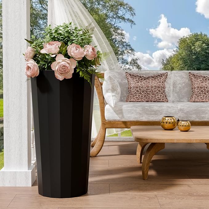 23.6" Tall Planters for Outdoor Plants, Large Outdoor Planters for Porch Decor with Drainage Hole, Wide Stripe Design Flower Pots Fits Indoor Plants Patio/Garden, Plastic Black (2 Pack)