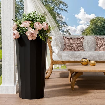 23.6" Tall Planters for Outdoor Plants, Large Outdoor Planters for Porch Decor with Drainage Hole, Wide Stripe Design Flower Pots Fits Indoor Plants Patio/Garden, Plastic Black (2 Pack)