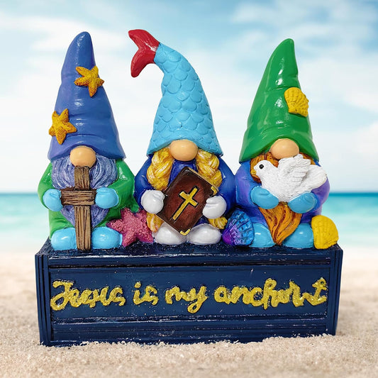 OrnamentallyYou Spring & Summer-Themed Garden Statues – Adorable Outdoor Decor for Lawn, Patio & Porch (Nautical Themed Religious Gnome Figurine, Jesus is My Anchor 6" Beach House Statue)