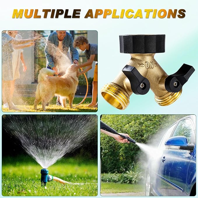 Dalmbox Garden Hose Splitter 2 Way, Y Connector Brass Garden Hose Adapter, Water Hose Splitter, Double Shut Off Valve, Includes 3 Rubber Washers & Teflon Tape(1 pack)