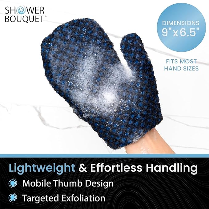 Japanese Exfoliating Mitt 2-Pack - Charcoal & Silver Ion Exfoliating Gloves for Shower - Soft Inner Fabric Gentle Exfoliation & Deep Cleansing Body Scrub Gloves for All Skin Types - 1 White, 1 Blue