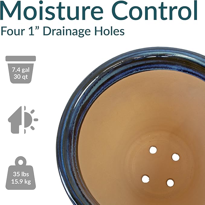 Sunnydaze Large Ceramic Plant Pot - Round Outdoor Glazed Ceramic Planter Pot with Drainage - Studio - Galaxy Blue - 18.5"