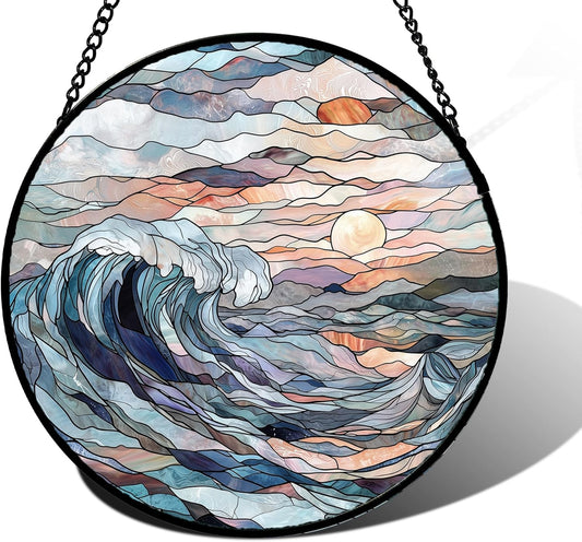 Stained Glass Window Hanging, Sunrise Waves Sun Catchers Diamond Glass Panel Hangings Abstract Suncatcher Decor for Birthday for Women, Men, Wife, Aunt, and Mom 7.8 in