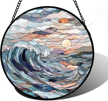 Stained Glass Window Hanging, Sunrise Waves Sun Catchers Diamond Glass Panel Hangings Abstract Suncatcher Decor for Birthday for Women, Men, Wife, Aunt, and Mom 11.8x11.8 in