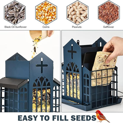 5LB Church Metal Hanging Bird Feeder for Outdoors, Weatherproof Suet Feeders for Outside Hanging, Large Bird Feeders Great for Attracting Finch, Woodpecker and More Wild Birds-White
