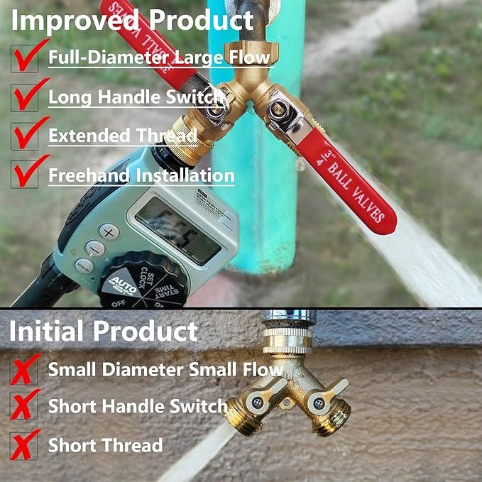 Garden Hose Splitter 2 Way,Brass Water Hose Splitter with Stainless Steel Long Handle,Outdoor Full Flow Hose Splitter Connector,Y Valve 3/4 Inch GHT Thread（Freehand Installation Version）