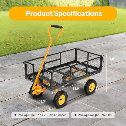 VIVOHOME Heavy Duty 550 Lbs Capacity Mesh Steel Garden Cart Folding Utility Wagon with Removable Sides (Black)