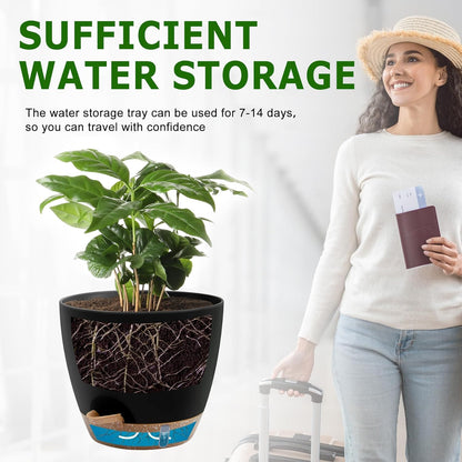Self-Watering Plant Pots with Water Level Indicator, Drainage Holes & Saucers – 12/10/9 Inch Large Plastic Planter Set for Indoor & Outdoor Plants(Black)