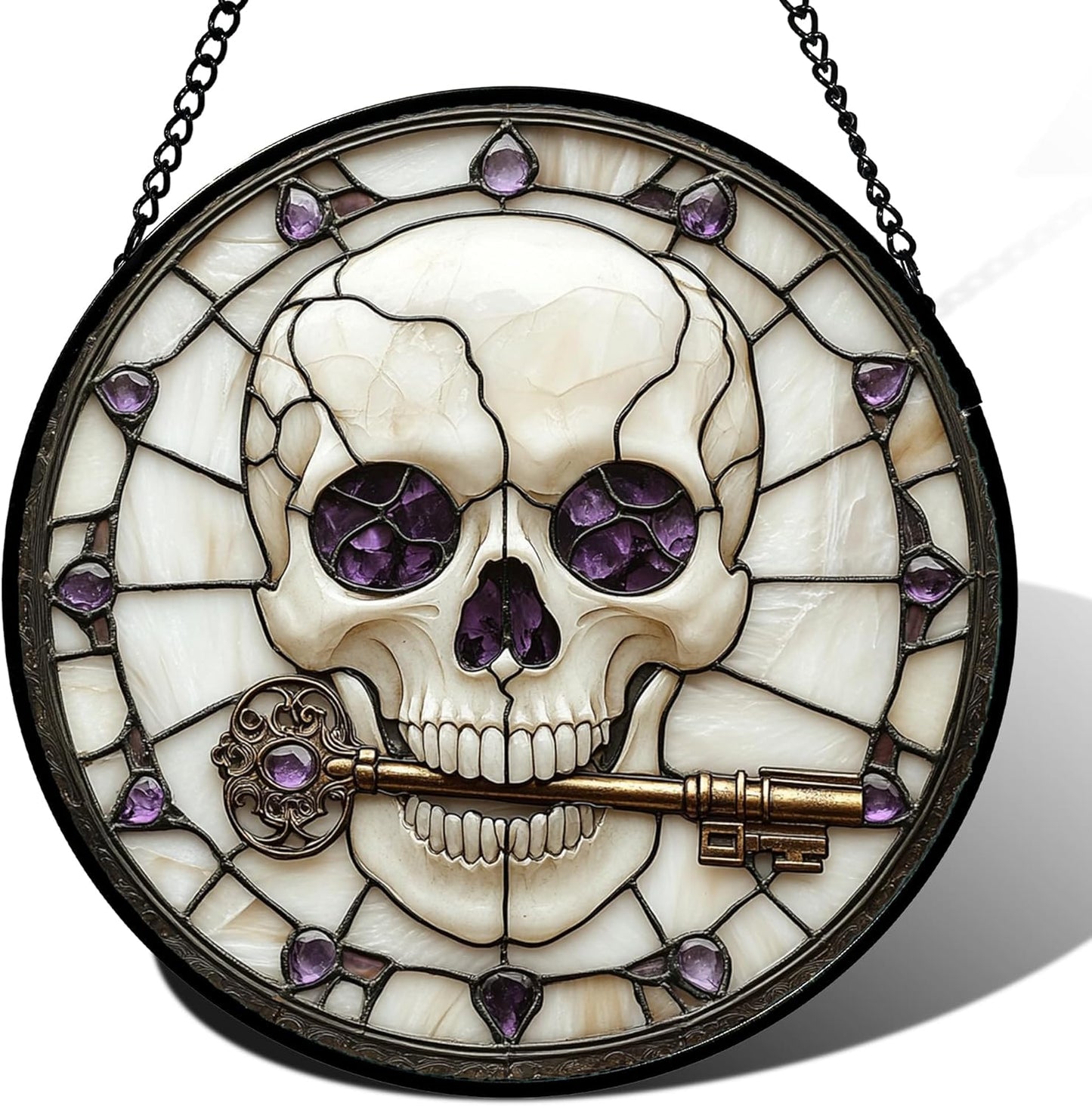 Stained Glass Window Hanging - Halloween Scary Skull Suncatcher for Doors Garden Home Spooky Purple Skeleton Key Sun Catchers Gothic Decor Horror Gifts for Women Men Friend Boy Girl 7.8 in