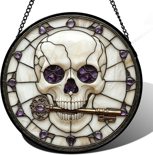Stained Glass Window Hanging - Halloween Scary Skull Suncatcher for Doors Garden Home Spooky Purple Skeleton Key Sun Catchers Gothic Decor Horror Gifts for Women Men Friend Boy Girl 7.8 in