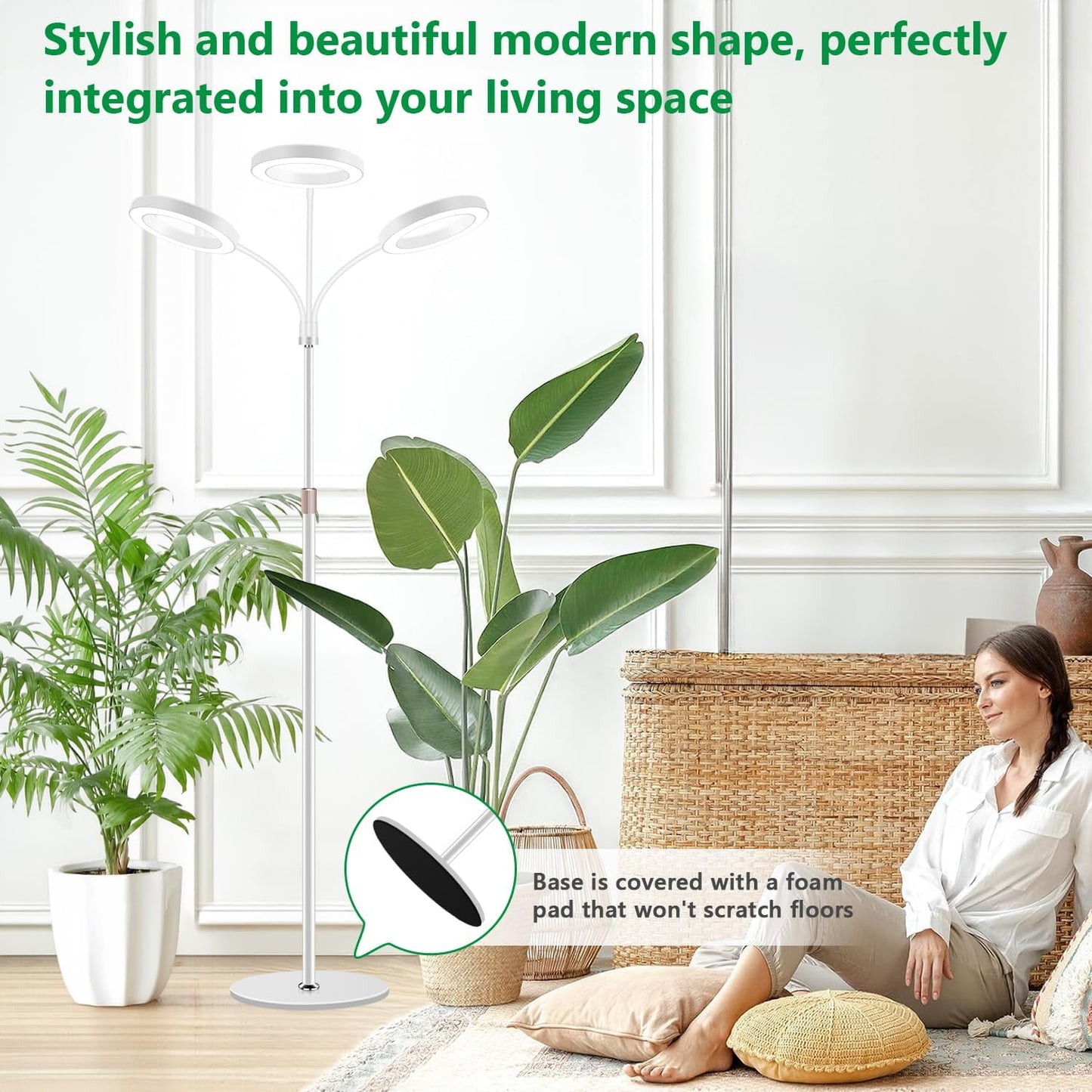 Grow Lights for Indoor Plants, 3 Head Full Spectrum Plant Light with 68" Adjustable Stand for Growing Large Tall Plants, White Halo Floor LED Grow Lamp with 16 Hour Timer