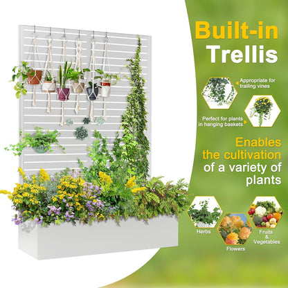 FENCY Metal Raised Garden Bed with Trellis, Metal Planter Box with Trellis, Garden Box for Climbing Plants Vegetable, 47" Lx16 Wx71 H Garden Bed with Drainage Holes(White-Louvered)