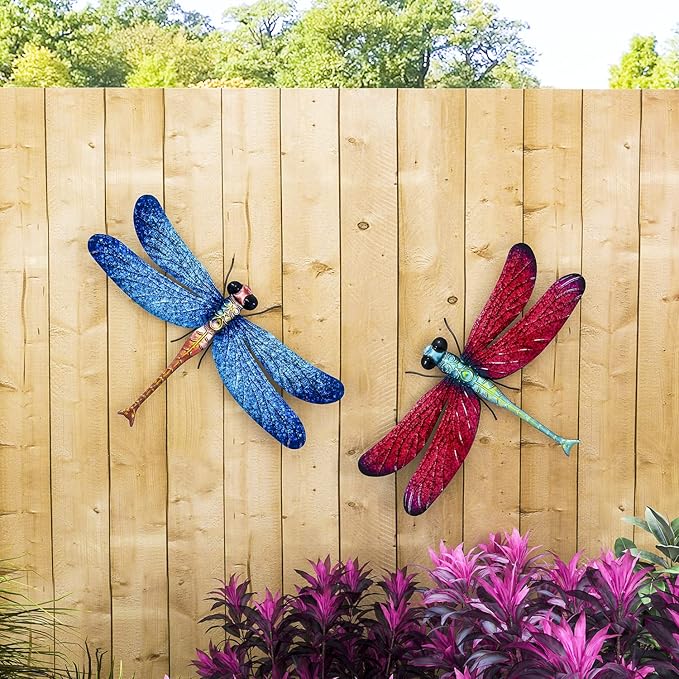 Metal Dragonfly Garden Art Decorations,-17.5 inches Outdoor Hanging Wall Decor Sculptures for Home Garden Yard (2 pack) dragon flies for garden