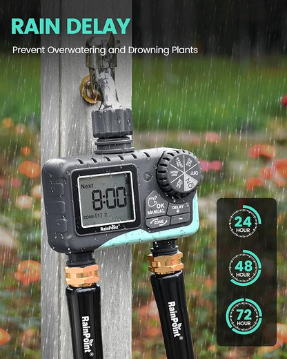 RAINPOINT Sprinkler Timer 2 Outlet, Water Timer for Garden Hose, Programmable Drip Irrigation Timer for Yard Outdoor Watering, Rain Delay/Manual/Automatic System Controller 2.5" LCD, V2, 2023 Release